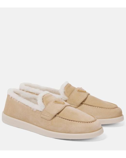 Prada Natural Shearling-Lined Suede Loafers