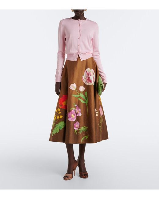 Oscar de la Renta Brown Floral Cotton-Blend Midi Skirt