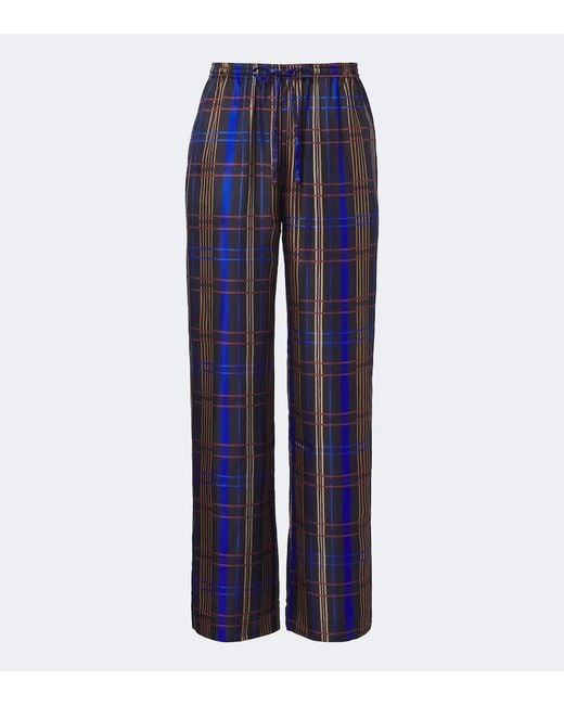 Asceno Blue Aurelia Plaid Silk Twill Wide-Leg Pants
