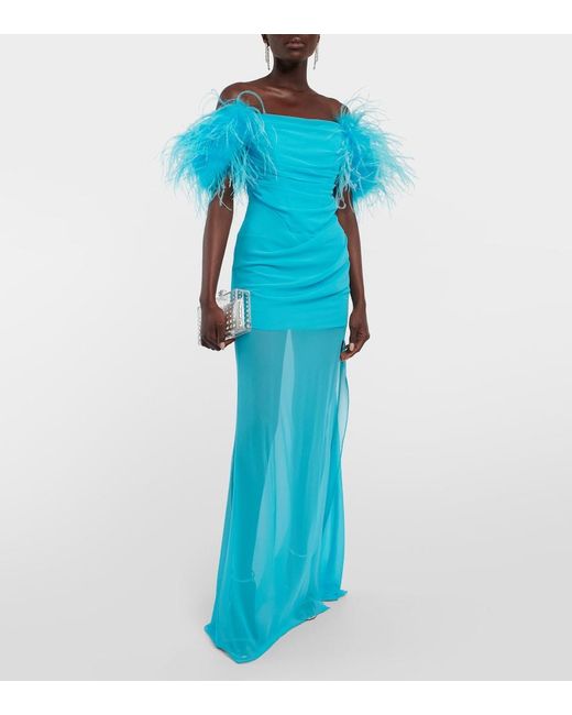 GIUSEPPE DI MORABITO Blue Feather-Trimmed Georgette Maxi Dress