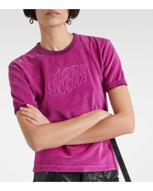 T-shirt in misto cotone con logo di Acne in Pink