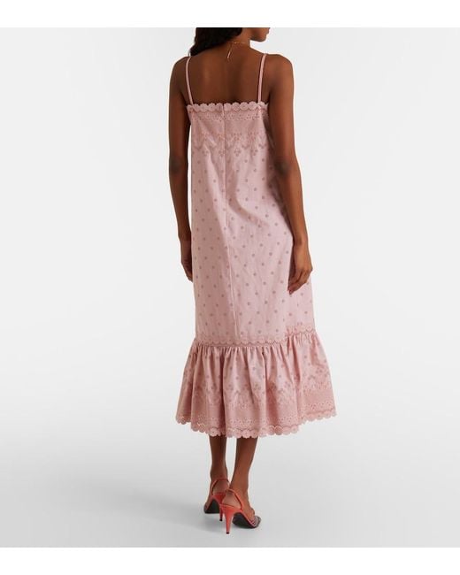 Valentino Pink Broderie Anglaise Silk-Trimmed Cotton Midi Dress