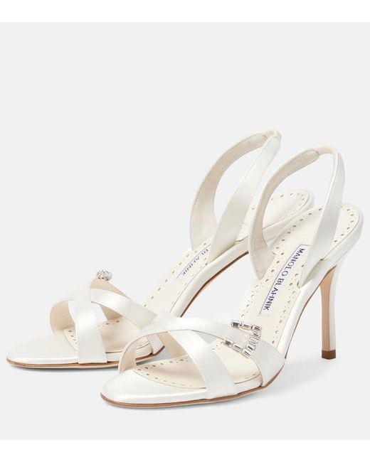 Manolo Blahnik White Ramisli Embellished Satin Slingback Sandals