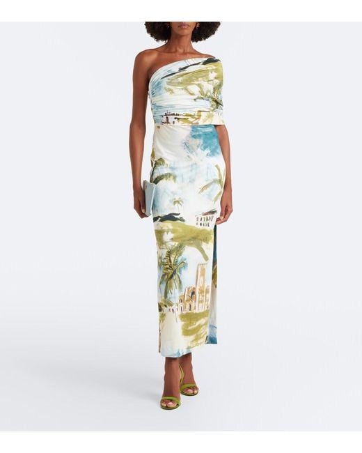 Oscar de la Renta Metallic Asymmetric Draped Printed Jersey Cocktail Gown