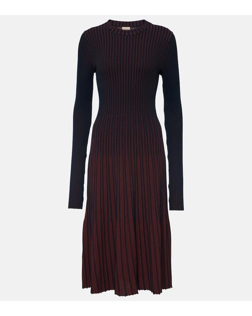 Tod's Blue Striped Pleated Ribbed-Knit Midi Dress