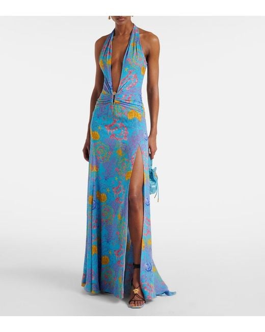 Abito Lungo Con Stampa di Versace in Blue