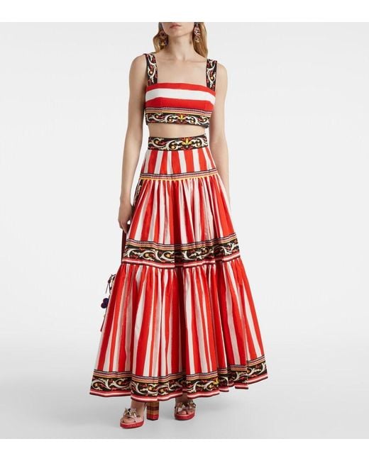 Dolce & Gabbana Red Taormina Striped Cotton Maxi Skirt
