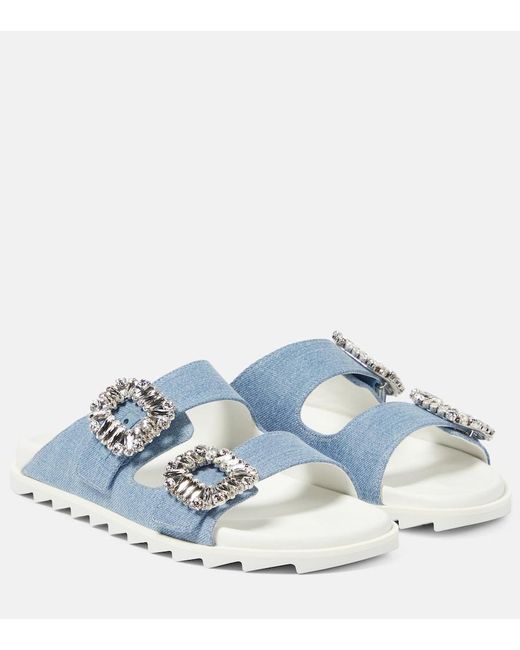 Roger Vivier Blue Slidy Viv' Embellished Denim Sandals
