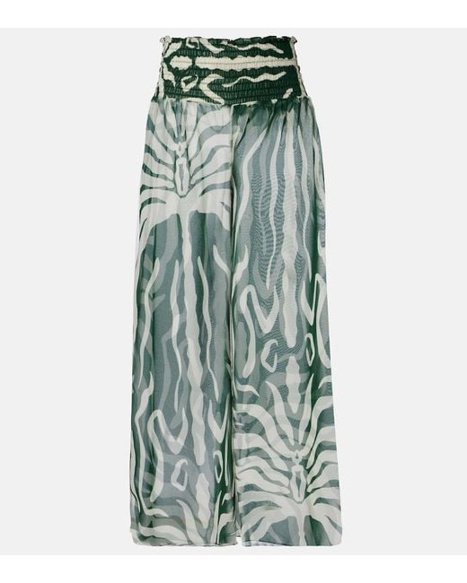 Johanna Ortiz Green Printed Sheer Wide-Leg Pants