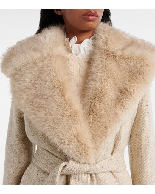 Valentino Natural Faux Fur-Trimmed Virgin Wool Wrap Coat