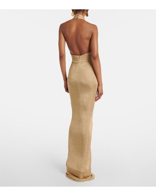 The New Arrivals Ilkyaz Ozel Natural Cass Ruched Halterneck Lame Gown
