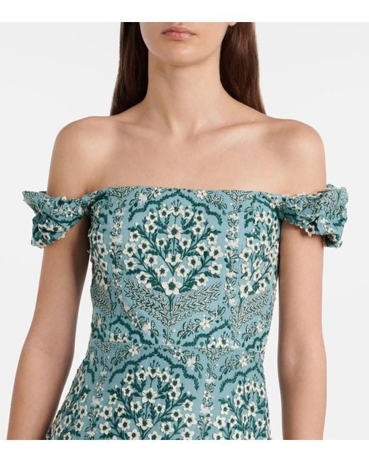 Agua Bendita Blue Siembra Embroidered Cotton Midi Dress