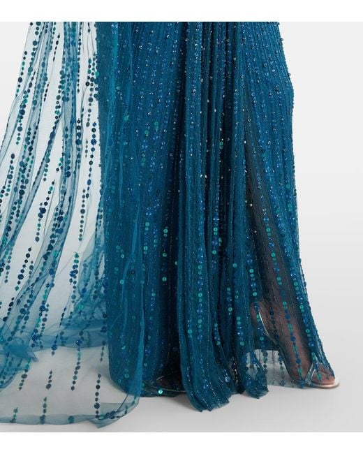Jenny Packham Blue Cairo Sequined Caped Gown