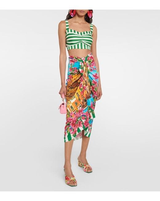 Dolce & Gabbana White Portofino Ruched Silk Midi Skirt