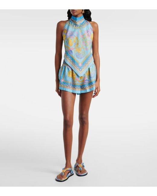 Top De Algodon Y Seda Estampado Con Cuello Halter Versace de color Blue