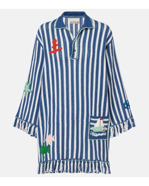 ALÉMAIS Blue Crochet Striped Cotton Minidress