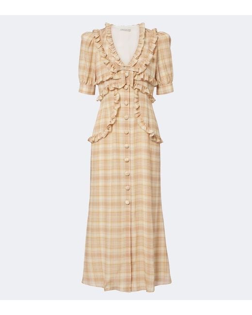 Alessandra Rich Natural Ruffled Plaid Silk Midi Dress