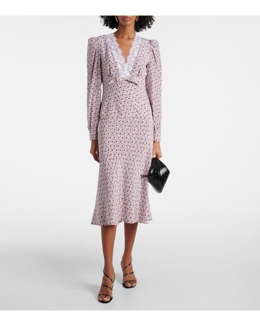 Alessandra Rich Purple Floral Lace-Trimmed Silk Midi Dress