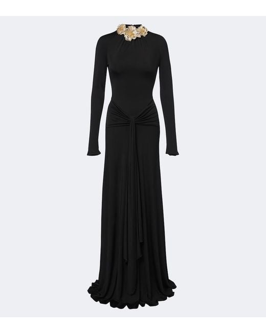 David Koma Black Draped Floral-Applique Gown