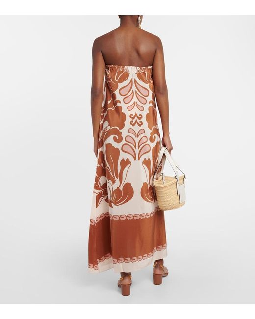 Adriana Degreas Brown Printed Strapless Silk Maxi Dress
