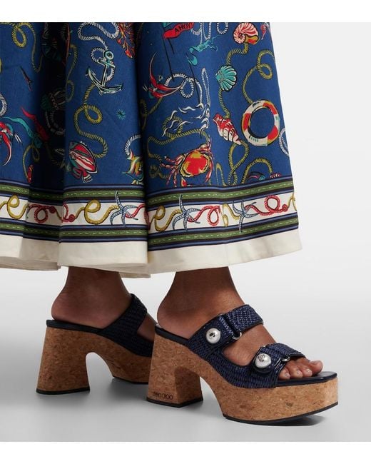 Jimmy Choo Blue Fayence Raffia-Effect Platform Sandals