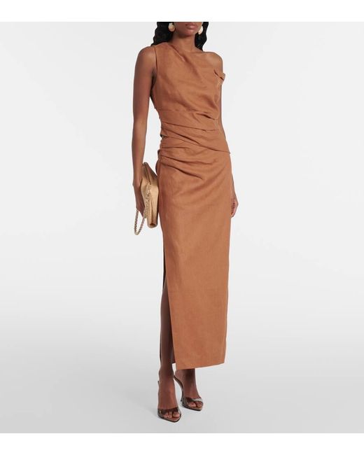 Sir Brown Asymmetric Ruched Linen Midi Skirt