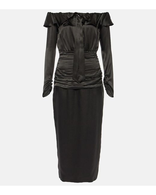 Alessandra Rich Black Off-Shoulder Silk Midi Dress