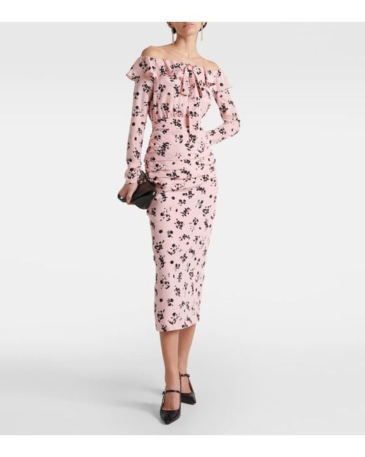 Alessandra Rich Pink Floral Off-Shoulder Silk Midi Dress