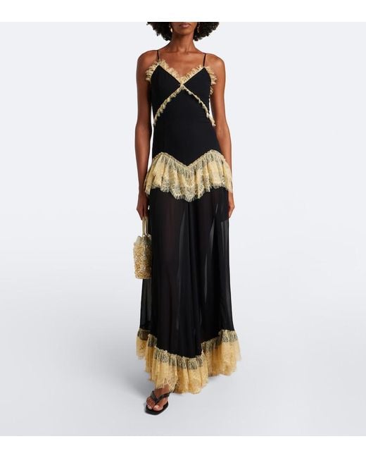 De La Vali Black Estela Lace-Trimmed Georgette Maxi Dress