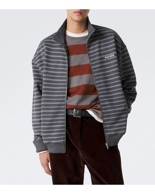 Miu Miu Gray Striped Oversized Cotton Fleece Sweatshirt for men