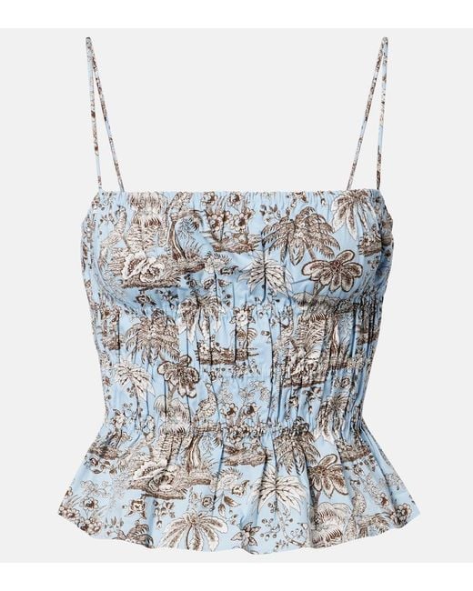Staud Blue Floral Ruched Cotton Top
