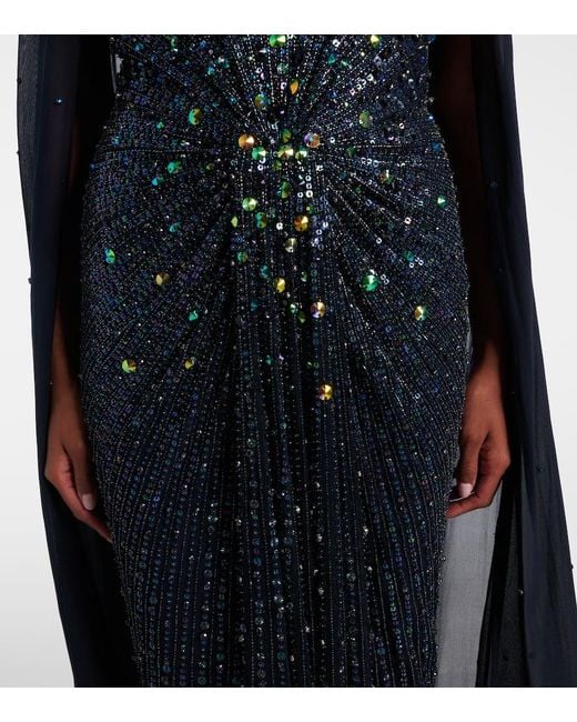Jenny Packham Blue Thea Caped Sequined Gown