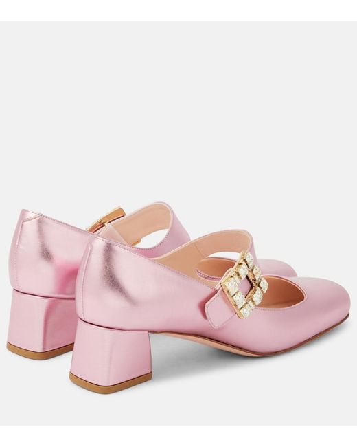 Roger Vivier Pink Tres Vivier Metallic Leather Mary Jane Pumps