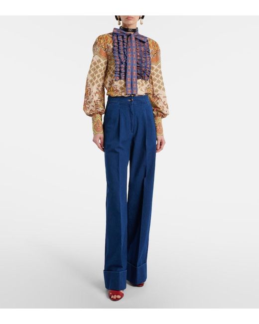 Valentino Blue High-Rise Pleated Wide-Leg Jeans