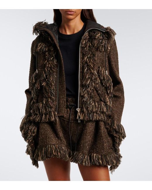 Sacai Black Fringed Wool-Blend Tweed Jacket