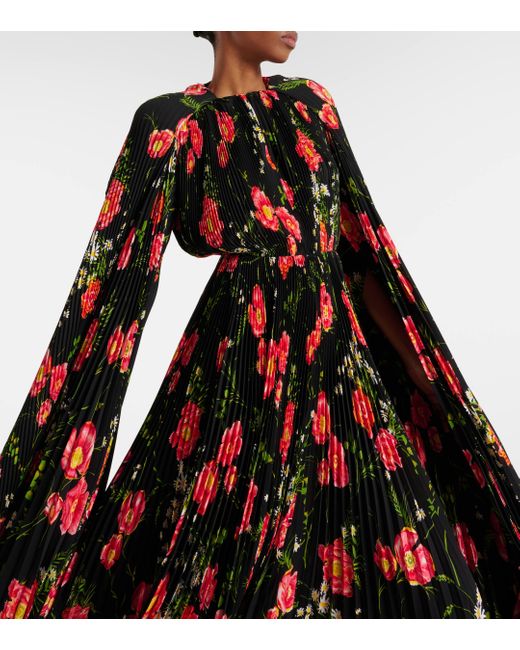 Balenciaga Black Pleated Floral Crepe Midi Dress
