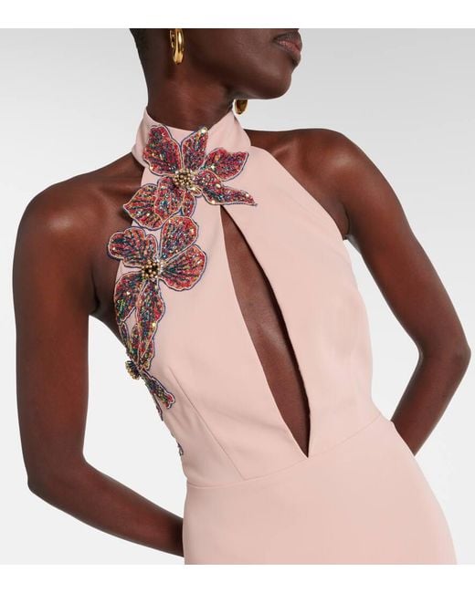Costarellos Pink Beaded Floral-Applique Gown