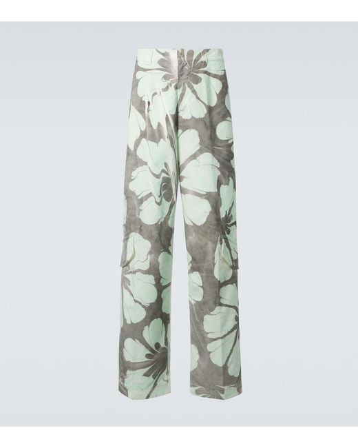 Dries Van Noten Green Floral Cotton Wide-Leg Pants for men
