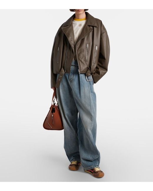 Loewe Brown Cropped Leather Biker Jacket