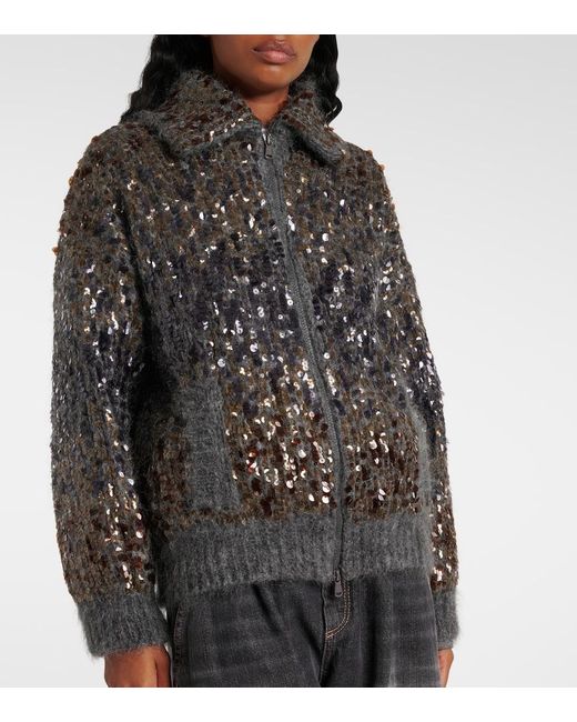 Brunello Cucinelli Black Sequined Mohair-Blend Zip-Up Sweater