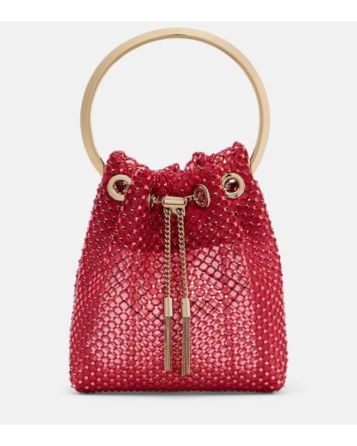 Jimmy Choo Red Bon Bon Small Embellished Satin Bucket Bag
