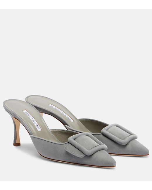 Manolo Blahnik Gray Maysale 70 Suede Mules