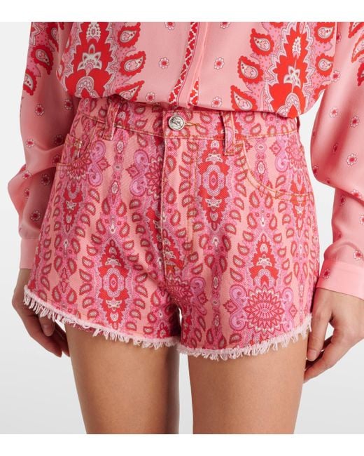 Etro Red Printed Denim Shorts