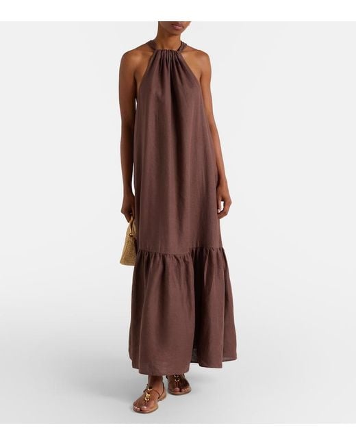 Asceno Brown Linen Maxi Dress
