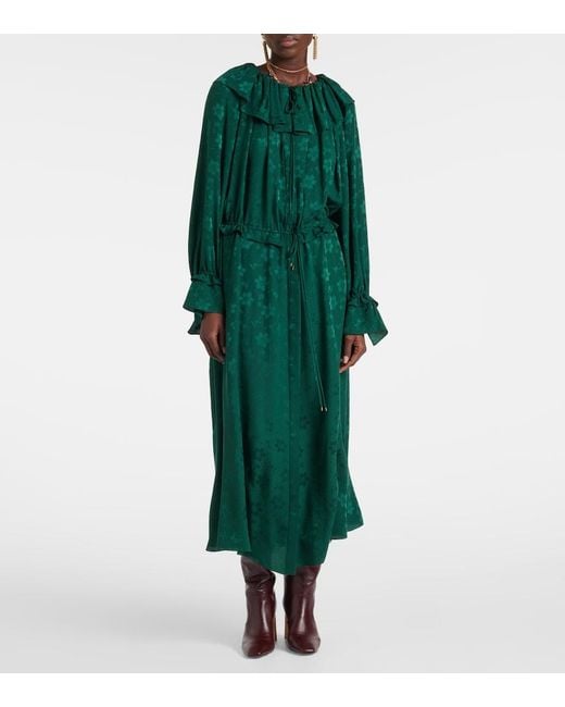 Chloé Green Ruffled Floral Silk Jacquard Midi Dress