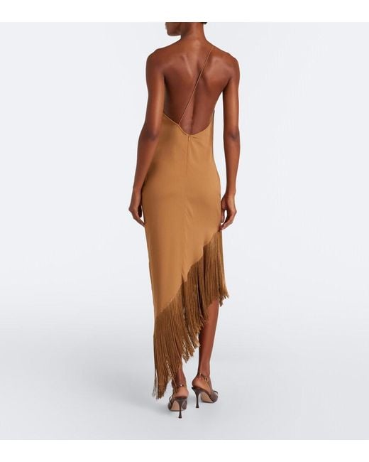 ‎Taller Marmo Brown Antelope Fringe-Trimmed Asymmetric Midi Dress