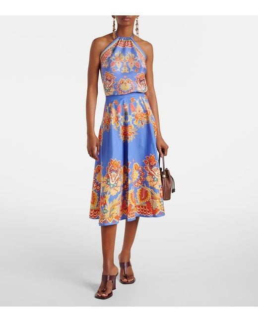 Etro Blue Printed Cotton Midi Skirt