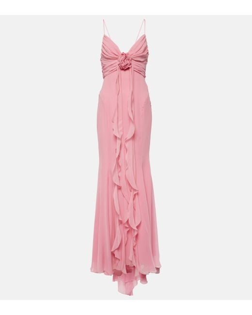 Blumarine Pink Floral-applique Silk Georgette Gown