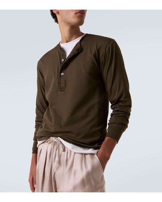 Tom Ford Green Ribbed-Knit Cotton-Blend Henley Shirt for men