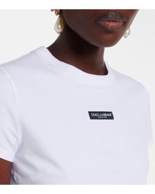 Dolce & Gabbana White Logo Cropped Cotton-Blend Jersey T-Shirt